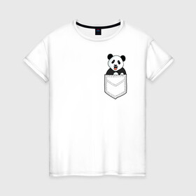 Женская футболка хлопок с принтом Довольная Панда в Кармане в Новосибирске, 100% хлопок | прямой крой, круглый вырез горловины, длина до линии бедер, слегка спущенное плечо | animals | beats | head | panda | pocket | в кармане | голова | животные | звери | лапки | любовь | панда | улыбка