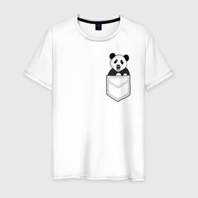 Мужская футболка хлопок с принтом Довольная Панда в Кармане в Новосибирске, 100% хлопок | прямой крой, круглый вырез горловины, длина до линии бедер, слегка спущенное плечо. | Тематика изображения на принте: animals | beats | head | panda | pocket | в кармане | голова | животные | звери | лапки | любовь | панда | улыбка