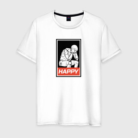 Мужская футболка хлопок с принтом Happy в Новосибирске, 100% хлопок | прямой крой, круглый вырез горловины, длина до линии бедер, слегка спущенное плечо. | happy | sad | грусть | депрессия | настроение | счастье | человек