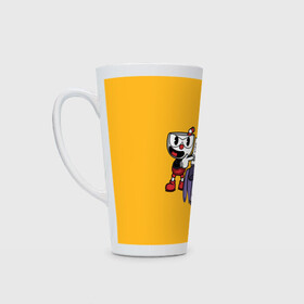 Кружка Латте с принтом CUPHEAD в Новосибирске, Белая керамика | Объем 480 мл; Высота 150 мм; Диаметр 90 мм | art | cartoon | cup | cuphead | devil | dice | game | king | mugman | the | арт | бос | босс | голова | демон | дьявол | игра | капхед | магмен | мультик | мультфильм | платформер | чаша | чашка | человек | черт