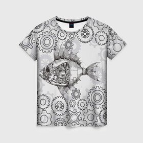 Женская футболка 3D с принтом Рыбка в Новосибирске, 100% полиэфир ( синтетическое хлопкоподобное полотно) | прямой крой, круглый вырез горловины, длина до линии бедер | steampunk | арт | графика | обои | плакат | постер | стимпанк
