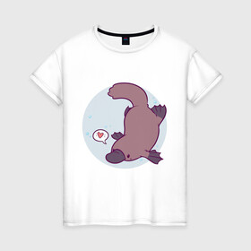 Женская футболка хлопок с принтом Утконос в Новосибирске, 100% хлопок | прямой крой, круглый вырез горловины, длина до линии бедер, слегка спущенное плечо | animals | животное | зверь | пузырьки | сердечко | утконос
