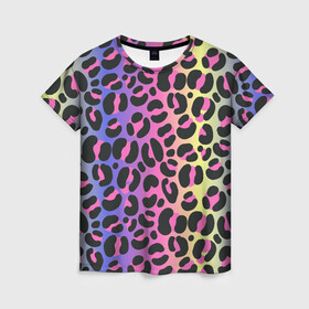 Женская футболка 3D с принтом Neon Leopard Pattern в Новосибирске, 100% полиэфир ( синтетическое хлопкоподобное полотно) | прямой крой, круглый вырез горловины, длина до линии бедер | africa | afrika | gradient | summer | tropical | африка | африканский узор | градиент | леопард | леопардовый узор | лето | неон | неоновое свечение | паттерт | пятна | разные цвета | саванна | тропики | тропический узор