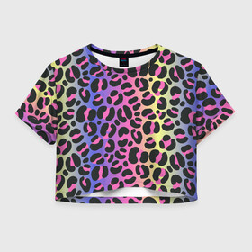 Женская футболка Crop-top 3D с принтом Neon Leopard Pattern в Новосибирске, 100% полиэстер | круглая горловина, длина футболки до линии талии, рукава с отворотами | africa | afrika | gradient | summer | tropical | африка | африканский узор | градиент | леопард | леопардовый узор | лето | неон | неоновое свечение | паттерт | пятна | разные цвета | саванна | тропики | тропический узор