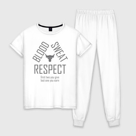 Женская пижама хлопок с принтом Blood Sweat RESPECT в Новосибирске, 100% хлопок | брюки и футболка прямого кроя, без карманов, на брюках мягкая резинка на поясе и по низу штанин | blood | bodybuilding | bull | crossfit | dwayne johnson | fitness | gym | logo | motivation | project | respect | sport | star | sweat | the rock | under armour | бодибилдинг | броня | бык | дуэйн джонсон | звезда | качалка | кровь | кроссфит | лого | мот
