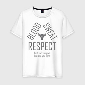 Мужская футболка хлопок с принтом Blood Sweat RESPECT в Новосибирске, 100% хлопок | прямой крой, круглый вырез горловины, длина до линии бедер, слегка спущенное плечо. | blood | bodybuilding | bull | crossfit | dwayne johnson | fitness | gym | logo | motivation | project | respect | sport | star | sweat | the rock | under armour | бодибилдинг | броня | бык | дуэйн джонсон | звезда | качалка | кровь | кроссфит | лого | мот