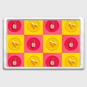 Магнит 45*70 с принтом фрукты шахматы в Новосибирске, Пластик | Размер: 78*52 мм; Размер печати: 70*45 | Тематика изображения на принте: 3d | банан | вкусняшки | еда | желтый | клетка | розовый | фрукты