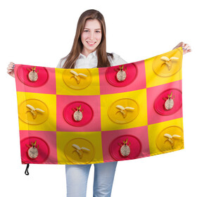 Флаг 3D с принтом фрукты шахматы в Новосибирске, 100% полиэстер | плотность ткани — 95 г/м2, размер — 67 х 109 см. Принт наносится с одной стороны | 3d | банан | вкусняшки | еда | желтый | клетка | розовый | фрукты