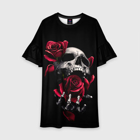 Детское платье 3D с принтом ЧЕРЕП И РОЗЫ в Новосибирске, 100% полиэстер | прямой силуэт, чуть расширенный к низу. Круглая горловина, на рукавах — воланы | death | flowers | horror | metal | rose | roses | skull | арт | зомби | кости | розы | скелет | цветы | череп | черный