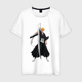 Мужская футболка хлопок с принтом Блич - Ичиго в Новосибирске, 100% хлопок | прямой крой, круглый вырез горловины, длина до линии бедер, слегка спущенное плечо. | Тематика изображения на принте: anime | bleach | hero | ichigo kurosaki | manga | блич | герой | ичиго куросаки