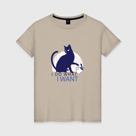 Женская футболка хлопок с принтом Бунтующий котик в Новосибирске, 100% хлопок | прямой крой, круглый вырез горловины, длина до линии бедер, слегка спущенное плечо | black cat | cat | cats | cute | i do what i want | kawaii | kitten | kitty | pussycat | rebel | бунтарь | возмущение | делаю что хочу | злой кот | кавайи | котенок | коты | котята | люблю котов | протест | роняет | роняют | сбрасывает кружку 