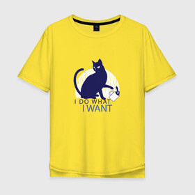 Мужская футболка хлопок Oversize с принтом Бунтующий котик в Новосибирске, 100% хлопок | свободный крой, круглый ворот, “спинка” длиннее передней части | black cat | cat | cats | cute | i do what i want | kawaii | kitten | kitty | pussycat | rebel | бунтарь | возмущение | делаю что хочу | злой кот | кавайи | котенок | коты | котята | люблю котов | протест | роняет | роняют | сбрасывает кружку 