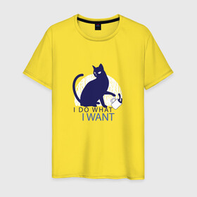 Мужская футболка хлопок с принтом Бунтующий котик в Новосибирске, 100% хлопок | прямой крой, круглый вырез горловины, длина до линии бедер, слегка спущенное плечо. | black cat | cat | cats | cute | i do what i want | kawaii | kitten | kitty | pussycat | rebel | бунтарь | возмущение | делаю что хочу | злой кот | кавайи | котенок | коты | котята | люблю котов | протест | роняет | роняют | сбрасывает кружку 