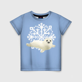 Детская футболка 3D с принтом Беляк в Новосибирске, 100% гипоаллергенный полиэфир | прямой крой, круглый вырез горловины, длина до линии бедер, чуть спущенное плечо, ткань немного тянется | Тематика изображения на принте: белый | беляк | детёныш | зима | лазурно серый | милота | милый | синий | снег | снежинка | тюлень