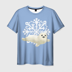 Мужская футболка 3D с принтом Беляк в Новосибирске, 100% полиэфир | прямой крой, круглый вырез горловины, длина до линии бедер | белый | беляк | детёныш | зима | лазурно серый | милота | милый | синий | снег | снежинка | тюлень