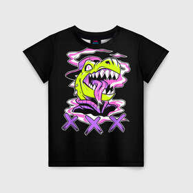 Детская футболка 3D с принтом Кислотный динозавр в Новосибирске, 100% гипоаллергенный полиэфир | прямой крой, круглый вырез горловины, длина до линии бедер, чуть спущенное плечо, ткань немного тянется | безумие | динозавр | животные | килоста | кислотный | рекс | тиранозавр | эйфория