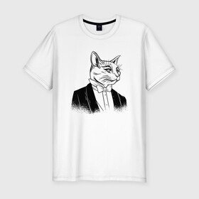 Мужская футболка хлопок Slim с принтом Сэр Кот Джентльмен в Новосибирске, 92% хлопок, 8% лайкра | приталенный силуэт, круглый вырез ворота, длина до линии бедра, короткий рукав | black cat | cat | cats | cute | gentleman | kawaii | kitten | kitty | pussycat | sir cat | в костюме | кавайи | котенок | коты | котята | кошка | люблю котов | пиджак | прикол | рисунок кота | черный кот | юмор