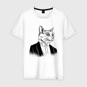 Мужская футболка хлопок с принтом Сэр Кот Джентльмен в Новосибирске, 100% хлопок | прямой крой, круглый вырез горловины, длина до линии бедер, слегка спущенное плечо. | black cat | cat | cats | cute | gentleman | kawaii | kitten | kitty | pussycat | sir cat | в костюме | кавайи | котенок | коты | котята | кошка | люблю котов | пиджак | прикол | рисунок кота | черный кот | юмор