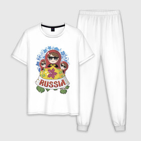 Мужская пижама хлопок с принтом Russia в Новосибирске, 100% хлопок | брюки и футболка прямого кроя, без карманов, на брюках мягкая резинка на поясе и по низу штанин
 | Тематика изображения на принте: russia | матрешки | патриотизм | родина | россия