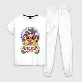 Женская пижама хлопок с принтом Russia в Новосибирске, 100% хлопок | брюки и футболка прямого кроя, без карманов, на брюках мягкая резинка на поясе и по низу штанин | russia | матрешки | патриотизм | родина | россия