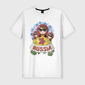 Мужская футболка хлопок Slim с принтом Russia в Новосибирске, 92% хлопок, 8% лайкра | приталенный силуэт, круглый вырез ворота, длина до линии бедра, короткий рукав | Тематика изображения на принте: russia | матрешки | патриотизм | родина | россия