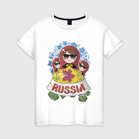 Женская футболка хлопок с принтом Russia в Новосибирске, 100% хлопок | прямой крой, круглый вырез горловины, длина до линии бедер, слегка спущенное плечо | russia | матрешки | патриотизм | родина | россия