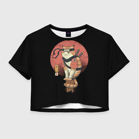 Женская футболка Crop-top 3D с принтом Кот Ниндзя в Новосибирске, 100% полиэстер | круглая горловина, длина футболки до линии талии, рукава с отворотами | Тематика изображения на принте: cat | cats | japan | ninja | samurai | yakuza | катана | кот | котенок | коты | котэ | котята | кошка | ниндзя | самурай | якудза | япония