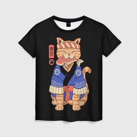 Женская футболка 3D с принтом Суши Мастер в Новосибирске, 100% полиэфир ( синтетическое хлопкоподобное полотно) | прямой крой, круглый вырез горловины, длина до линии бедер | cat | cats | japan | master | ninja | samurai | sushi | yakuza | катана | кот | котенок | коты | котэ | котята | кошка | мастер | ниндзя | самурай | суши | якудза | япония