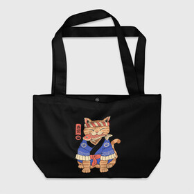 Пляжная сумка 3D с принтом Суши Мастер в Новосибирске, 100% полиэстер | застегивается на металлическую кнопку; внутренний карман застегивается на молнию. Стенки укреплены специальным мягким материалом, чтобы защитить содержимое от несильных ударов
 | cat | cats | japan | master | ninja | samurai | sushi | yakuza | катана | кот | котенок | коты | котэ | котята | кошка | мастер | ниндзя | самурай | суши | якудза | япония