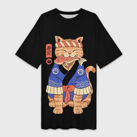 Платье-футболка 3D с принтом Суши Мастер в Новосибирске,  |  | cat | cats | japan | master | ninja | samurai | sushi | yakuza | катана | кот | котенок | коты | котэ | котята | кошка | мастер | ниндзя | самурай | суши | якудза | япония