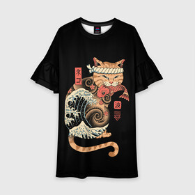 Детское платье 3D с принтом Cat Wave в Новосибирске, 100% полиэстер | прямой силуэт, чуть расширенный к низу. Круглая горловина, на рукавах — воланы | Тематика изображения на принте: cat | cats | japan | ninja | samurai | shogun | wave | yakuza | волна | катана | кот | котенок | коты | котэ | котята | кошка | ниндзя | самурай | сёгун | якудза | япония