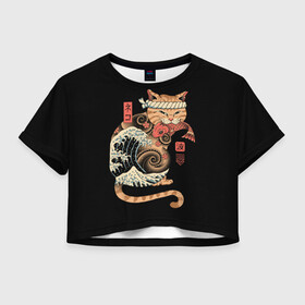 Женская футболка Crop-top 3D с принтом Cat Wave в Новосибирске, 100% полиэстер | круглая горловина, длина футболки до линии талии, рукава с отворотами | cat | cats | japan | ninja | samurai | shogun | wave | yakuza | волна | катана | кот | котенок | коты | котэ | котята | кошка | ниндзя | самурай | сёгун | якудза | япония