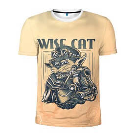 Мужская футболка 3D спортивная с принтом Wise cat в Новосибирске, 100% полиэстер с улучшенными характеристиками | приталенный силуэт, круглая горловина, широкие плечи, сужается к линии бедра | steampunk | арт | графика | обои | плакат | постер | стимпанк