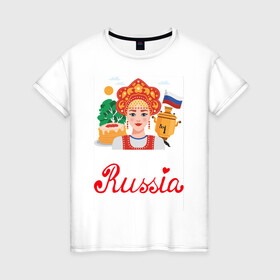 Женская футболка хлопок с принтом Патриот России в Новосибирске, 100% хлопок | прямой крой, круглый вырез горловины, длина до линии бедер, слегка спущенное плечо | люблю свою родину | патриот | патриотизм | преданный отчизне | родина | россия | я люблю россию