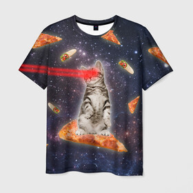 Мужская футболка 3D с принтом Котик в космосе в Новосибирске, 100% полиэфир | прямой крой, круглый вырез горловины, длина до линии бедер | nyan cat | youtube | еда | космос | котик | мемы | пицца | психоделика | ютуб