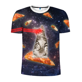 Мужская футболка 3D спортивная с принтом Котик в космосе в Новосибирске, 100% полиэстер с улучшенными характеристиками | приталенный силуэт, круглая горловина, широкие плечи, сужается к линии бедра | Тематика изображения на принте: nyan cat | youtube | еда | космос | котик | мемы | пицца | психоделика | ютуб
