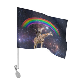 Флаг для автомобиля с принтом Кот на Жирафе в Новосибирске, 100% полиэстер | Размер: 30*21 см | nyan cat | youtube | африка | жираф | космос | кот | кошка | мемы | психоделика | ютуб