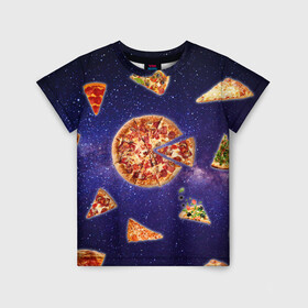 Детская футболка 3D с принтом Пицца в космосе в Новосибирске, 100% гипоаллергенный полиэфир | прямой крой, круглый вырез горловины, длина до линии бедер, чуть спущенное плечо, ткань немного тянется | meat | pizza | space | youtube | еда | космос | мемы | пицца | психоделика | ютуб