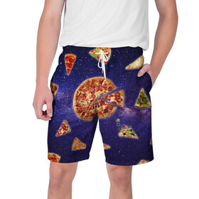 Мужские шорты 3D с принтом Пицца в космосе в Новосибирске,  полиэстер 100% | прямой крой, два кармана без застежек по бокам. Мягкая трикотажная резинка на поясе, внутри которой широкие завязки. Длина чуть выше колен | meat | pizza | space | youtube | еда | космос | мемы | пицца | психоделика | ютуб