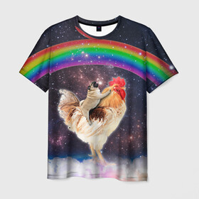 Мужская футболка 3D с принтом Мопс на курице в космосе в Новосибирске, 100% полиэфир | прямой крой, круглый вырез горловины, длина до линии бедер | mene | space | youtube | космос | курица | мемы | мопс | петух | психоделика | собака | ютуб