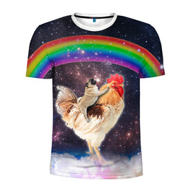 Мужская футболка 3D спортивная с принтом Мопс на курице в космосе в Новосибирске, 100% полиэстер с улучшенными характеристиками | приталенный силуэт, круглая горловина, широкие плечи, сужается к линии бедра | mene | space | youtube | космос | курица | мемы | мопс | петух | психоделика | собака | ютуб
