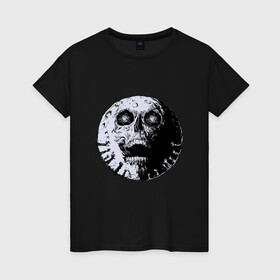 Женская футболка хлопок с принтом Луна Череп в Новосибирске, 100% хлопок | прямой крой, круглый вырез горловины, длина до линии бедер, слегка спущенное плечо | creepy | devil | halloween | hand | hands | horror | moon | satan | scream | skull | spooky | zombie | зомби | кратер | крик | крипота | лунный череп | мистика | мистицизм | руки | сатанизм | ужасы | хеллоуин | хоррор | хоррор мерч | хэллоуин |