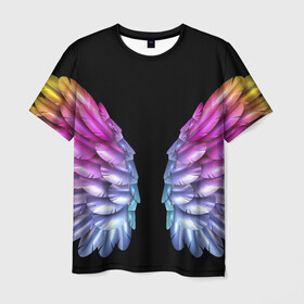 Мужская футболка 3D с принтом РАЗНОЦВЕТНЫЕ ПЕРЬЯ в Новосибирске, 100% полиэфир | прямой крой, круглый вырез горловины, длина до линии бедер | взмах | крылья | перья | попугай | радуга | цвета