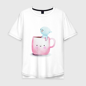 Мужская футболка хлопок Oversize с принтом Котик в чашке в Новосибирске, 100% хлопок | свободный крой, круглый ворот, “спинка” длиннее передней части | Тематика изображения на принте: cat | акварельный котэ | кот в чашке | котенок