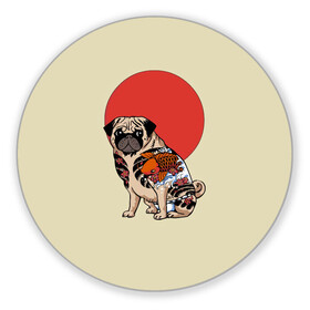 Коврик для мышки круглый с принтом Мопс в Новосибирске, резина и полиэстер | круглая форма, изображение наносится на всю лицевую часть | мопс | мопсик | мопсики | самурай | собака | солнце | тату | япония | японское