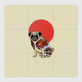 Магнитный плакат 3Х3 с принтом Мопс в Новосибирске, Полимерный материал с магнитным слоем | 9 деталей размером 9*9 см | мопс | мопсик | мопсики | самурай | собака | солнце | тату | япония | японское