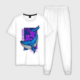 Мужская пижама хлопок с принтом Кит The dreamer в Новосибирске, 100% хлопок | брюки и футболка прямого кроя, без карманов, на брюках мягкая резинка на поясе и по низу штанин
 | кит | кит the dreamer | мечтатель | море | океан | синий кит