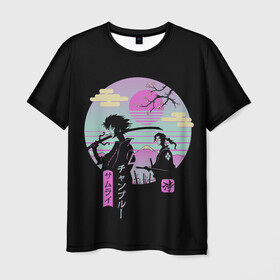 Мужская футболка 3D с принтом Samurai в Новосибирске, 100% полиэфир | прямой крой, круглый вырез горловины, длина до линии бедер | anime | japan | katana | manga | sakura | samurai | sempai | senpai | sun | аниме | закат | катана | манга | сакура | самураи | солнце | япония
