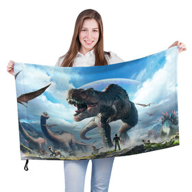 Флаг 3D с принтом Ark Survival Evolved в Новосибирске, 100% полиэстер | плотность ткани — 95 г/м2, размер — 67 х 109 см. Принт наносится с одной стороны | ark | ark survival | dino | t rex | арк | арк сурвайвал | дино | динозавр | динозавры | спинозавр | тираннозавр