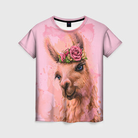 Женская футболка 3D с принтом лама с цветами в Новосибирске, 100% полиэфир ( синтетическое хлопкоподобное полотно) | прямой крой, круглый вырез горловины, длина до линии бедер | llama | альпака | животные | лама